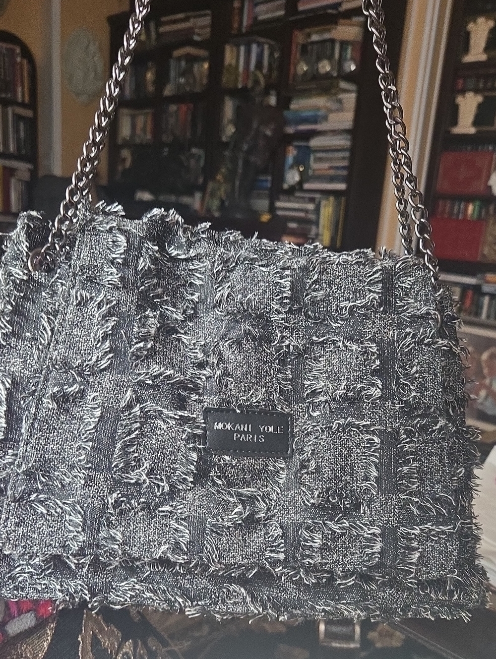 Statement Textured Denim Artistic Paris Mokani Elgant Bag wGun Metal Chain
